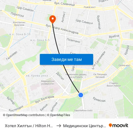 Хотел Хилтън / Hilton Hotel (0397) to Медицински Център Панацея map