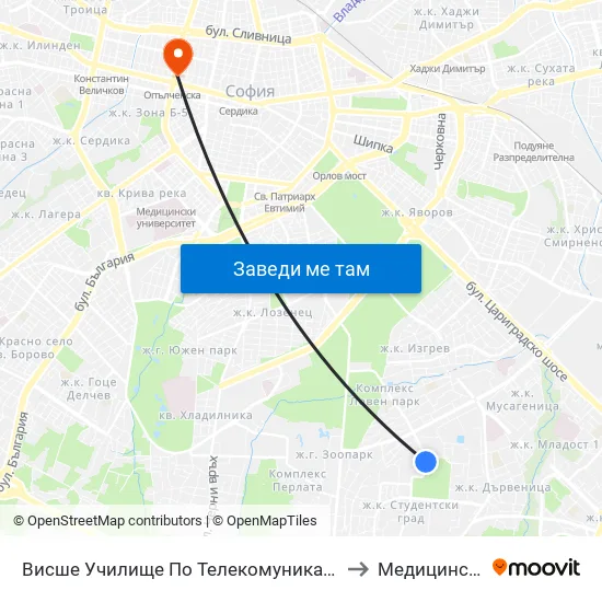 Висше Училище По Телекомуникации / University Of Telecommunications And Post (1397) to Медицински Център Панацея map