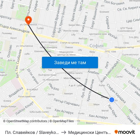 Пл. Славейков / Slaveykov Sq. (1908) to Медицински Център Панацея map