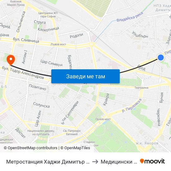 Метростанция Хаджи Димитър / Hadzhi Dimitar Metro Station (0303) to Медицински Център Панацея map
