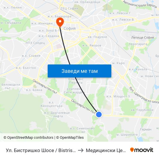 Ул. Бистришко Шосе / Bistrishko Shosse St. (0864) to Медицински Център Панацея map