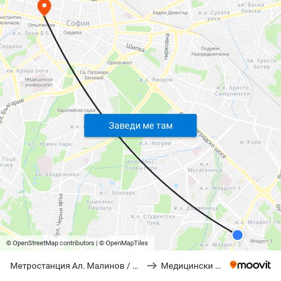 Метростанция Ал. Малинов / Al. Malinov Metro Station (0169) to Медицински Център Панацея map