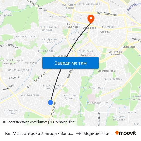 Кв. Манастирски Ливади - Запад / Manastirski Livadi - West Qr. (0582) to Медицински Център Панацея map