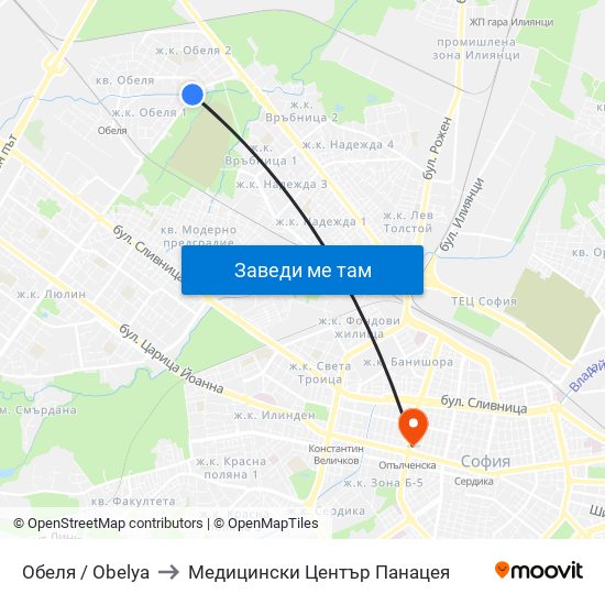 Обеля / Obelya to Медицински Център Панацея map