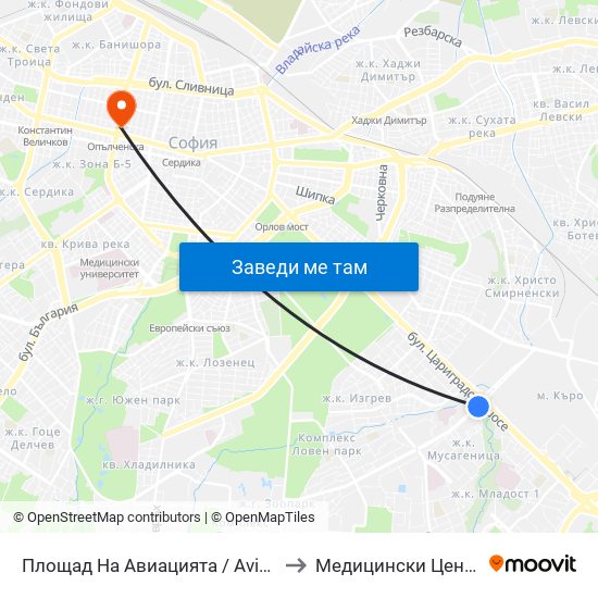 Площад На Авиацията / Aviation Square (1257) to Медицински Център Панацея map