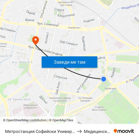 Метростанция Софийски Университет / Sofia University Metro Station (2827) to Медицински Център Панацея map