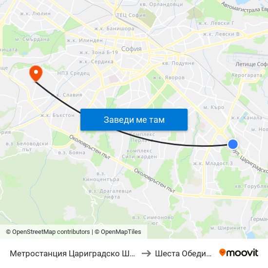 Метростанция Цариградско Шосе / Tsarigradsko Shosse Metro Station (1016) to Шеста Обединена Районна Болница map
