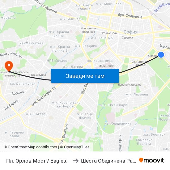 Пл. Орлов Мост / Eagles' Bridge Sq. (1288) to Шеста Обединена Районна Болница map