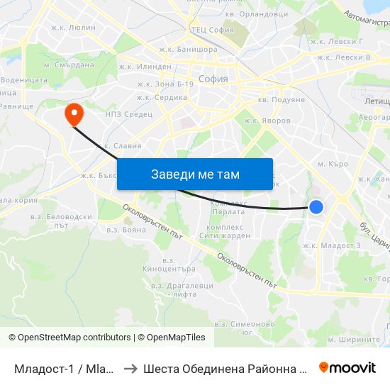 Младост-1 / Mladost 1 to Шеста Обединена Районна Болница map