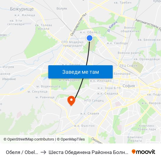 Обеля / Obelya to Шеста Обединена Районна Болница map
