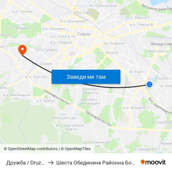 Дружба / Druzhba to Шеста Обединена Районна Болница map