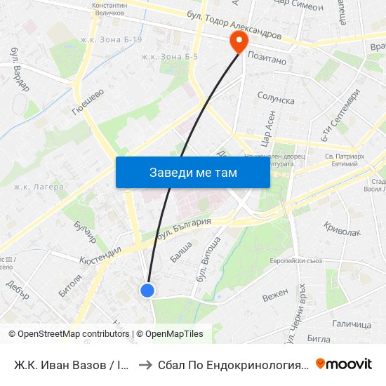 Ж.К. Иван Вазов / Ivan Vazov (0626) to Сбал По Ендокринология ""Акад. Ив. Пенчев"" map