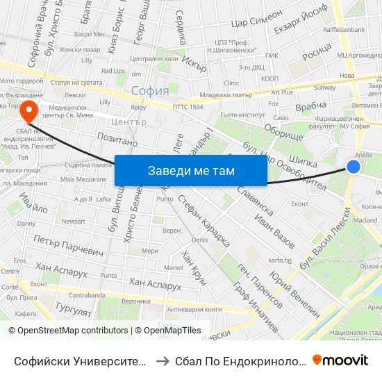 Софийски Университет / Sofia University (1698) to Сбал По Ендокринология ""Акад. Ив. Пенчев"" map
