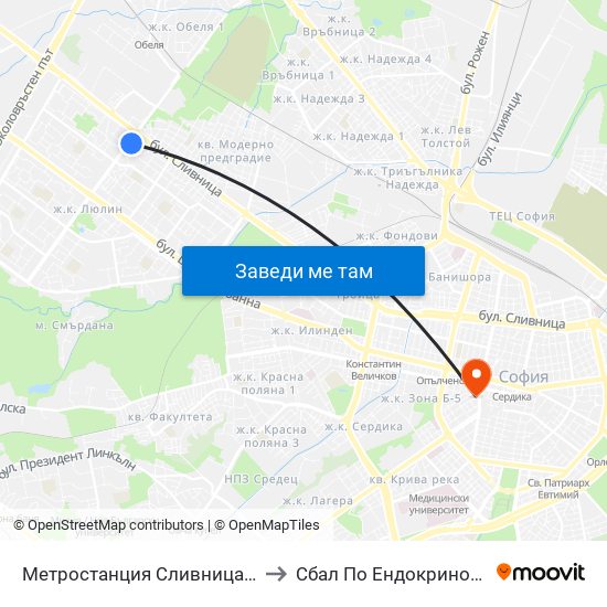 Метростанция Сливница / Slivnitsa Metro Station (1063) to Сбал По Ендокринология ""Акад. Ив. Пенчев"" map