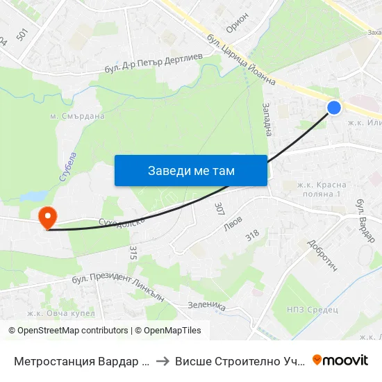 Метростанция Вардар / Vardar Metro Station (1046) to Висше Строително Училище ""Любен Каравелов"" map
