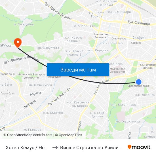 Хотел Хемус / Hemus Hotel (2330) to Висше Строително Училище ""Любен Каравелов"" map