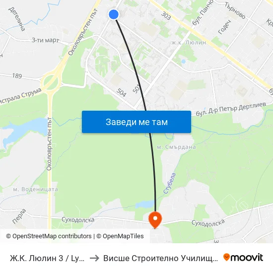 Ж.К. Люлин 3 / Lyulin 3 Qr. (0651) to Висше Строително Училище ""Любен Каравелов"" map