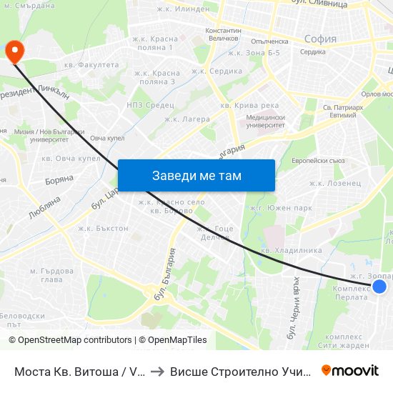 Моста Кв. Витоша / Vitosha the Bridge (1076) to Висше Строително Училище ""Любен Каравелов"" map