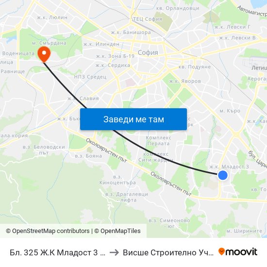 Бл. 325 Ж.К Младост 3 / Bl. 325, Mladost 3 Qr. (2489) to Висше Строително Училище ""Любен Каравелов"" map