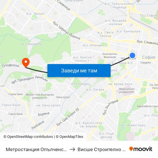 Метростанция Опълченска / Opalchenska Metro Station (1058) to Висше Строително Училище ""Любен Каравелов"" map