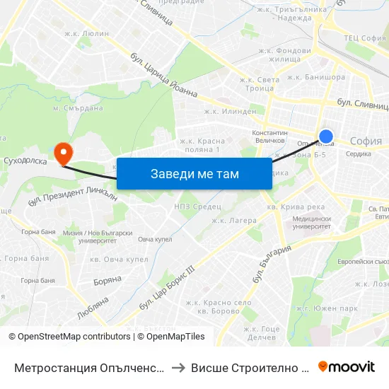 Ⓜ️ Метростанция Опълченска / Opalchenska Metro Station (1058) to Висше Строително Училище ""Любен Каравелов"" map