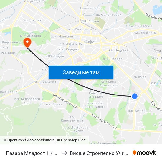 Пазара Младост 1 / Mladost 1 Market (0969) to Висше Строително Училище ""Любен Каравелов"" map