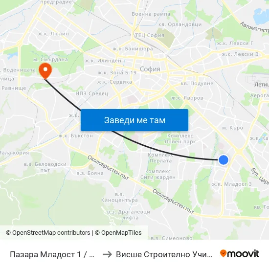 Ⓜ️ Пазара Младост 1 / Mladost 1 Market (0969) to Висше Строително Училище ""Любен Каравелов"" map