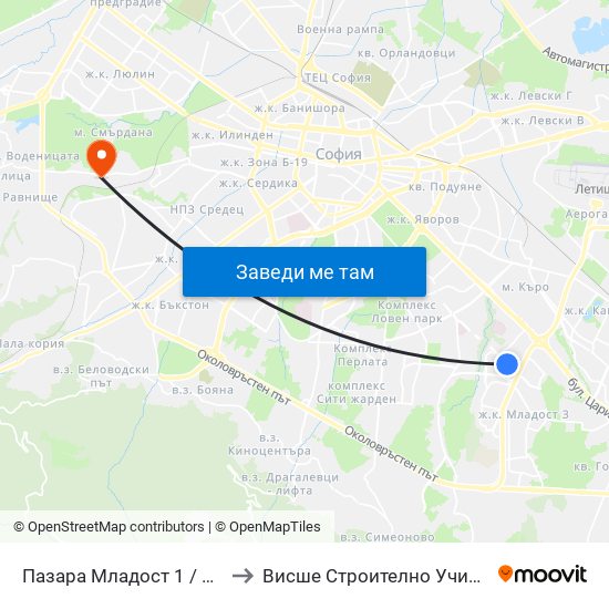 Пазара Младост 1 / Mladost 1 Market (0968) to Висше Строително Училище ""Любен Каравелов"" map