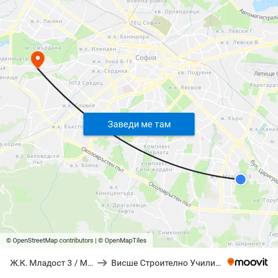 Ж.К. Младост 3 / Mladost 3 Qr. (0665) to Висше Строително Училище ""Любен Каравелов"" map