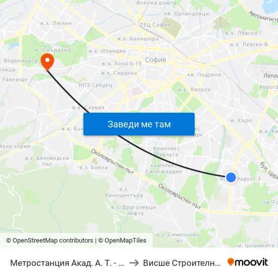 Ⓜ️ Метростанция Акад. Александър Теодоров - Балан / Akademik Aleksandar Teodorov - Balan Metro Station (1918) to Висше Строително Училище ""Любен Каравелов"" map