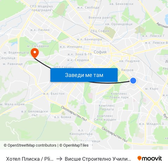 Хотел Плиска / Pliska Hotel (2324) to Висше Строително Училище ""Любен Каравелов"" map