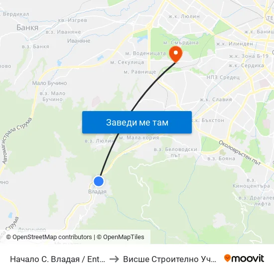 👋 Начало С. Владая / Entry To Vladaya Village (1499) to Висше Строително Училище ""Любен Каравелов"" map