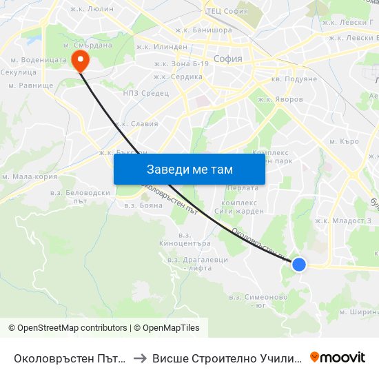 Околовръстен Път / Ring Road (0415) to Висше Строително Училище ""Любен Каравелов"" map