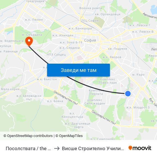Посолствата / the Embassies (1400) to Висше Строително Училище ""Любен Каравелов"" map