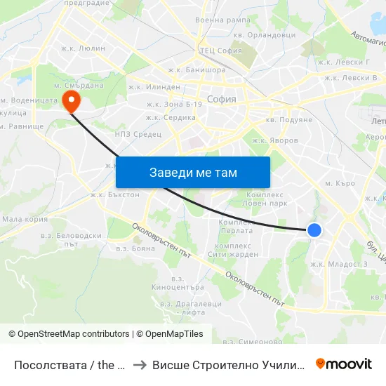 Посолствата / the Embassies (1400) to Висше Строително Училище ""Любен Каравелов"" map