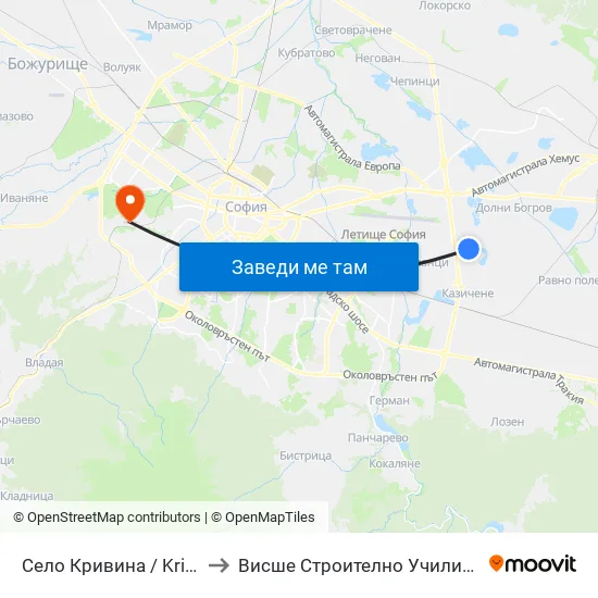 Село Кривина / Krivina Village (1541) to Висше Строително Училище ""Любен Каравелов"" map