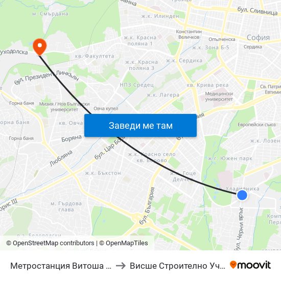 Метростанция Витоша / Vitosha Metro Station (2654) to Висше Строително Училище ""Любен Каравелов"" map