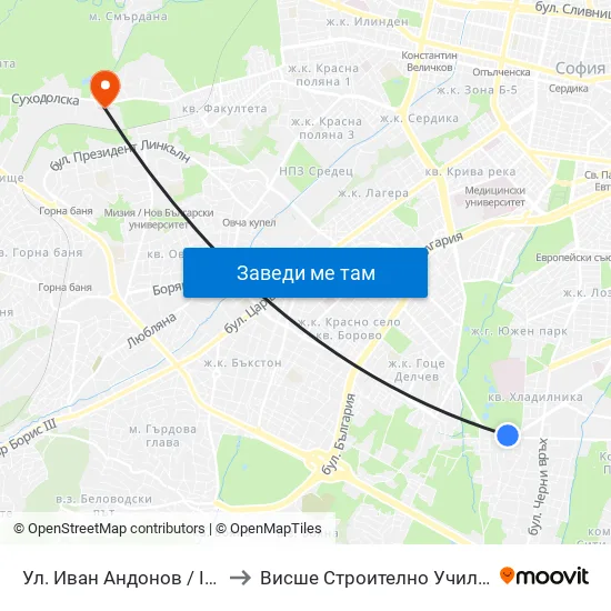 Ул. Иван Андонов / Ivan Andonov St. (1800) to Висше Строително Училище ""Любен Каравелов"" map