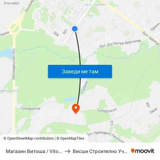 Магазин Витоша / Vitosha Department Store (1703) to Висше Строително Училище ""Любен Каравелов"" map