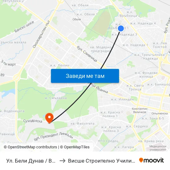 Ул. Бели Дунав / Beli Dunav St. (1838) to Висше Строително Училище ""Любен Каравелов"" map