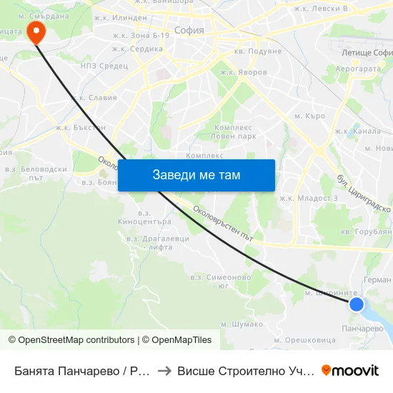 Банята Панчарево / Pancharevo Public Bath (0102) to Висше Строително Училище ""Любен Каравелов"" map