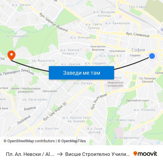 Пл. Ал. Невски / Al. Nevsky Sq. (1265) to Висше Строително Училище ""Любен Каравелов"" map