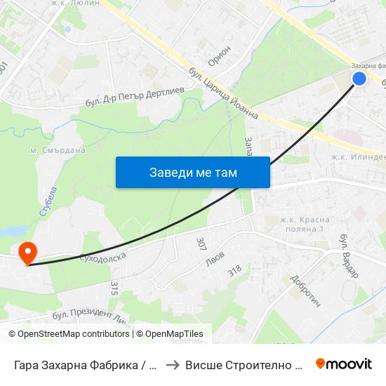 Гара Захарна Фабрика / Zaharna Fabrika Train Station (0621) to Висше Строително Училище ""Любен Каравелов"" map
