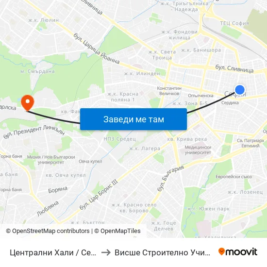 Централни Хали / Central Market Hall (2335) to Висше Строително Училище ""Любен Каравелов"" map