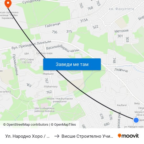 Ул. Народно Хоро / Narodno Horo St. (2057) to Висше Строително Училище ""Любен Каравелов"" map