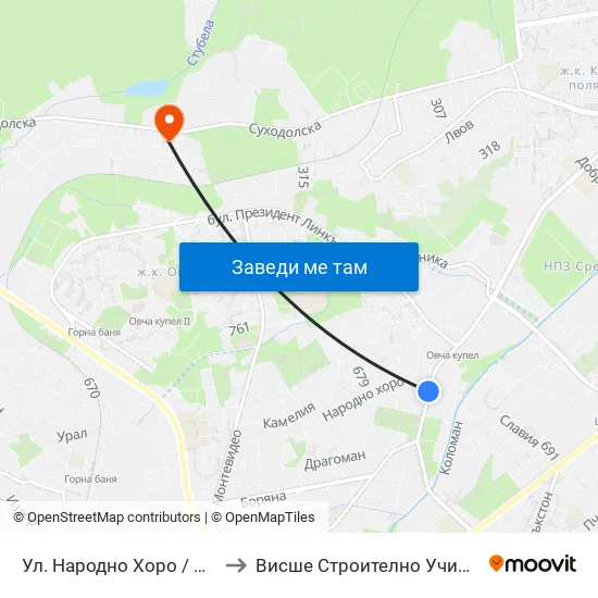 Ул. Народно Хоро / Narodno Horo St. (2054) to Висше Строително Училище ""Любен Каравелов"" map