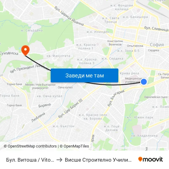 Бул. Витоша / Vitosha Blvd. (0301) to Висше Строително Училище ""Любен Каравелов"" map