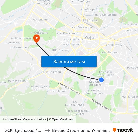 Ж.К. Дианабад / Dianabad (0603) to Висше Строително Училище ""Любен Каравелов"" map