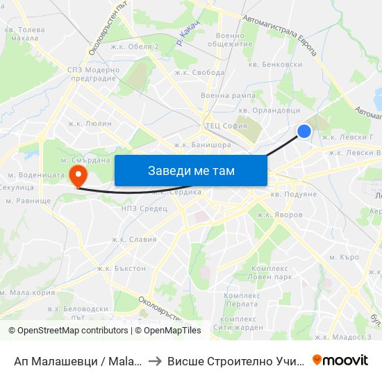 Ап Малашевци / Malashevtsi Bus Depot (0081) to Висше Строително Училище ""Любен Каравелов"" map