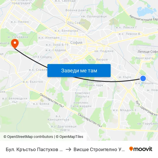 Ⓜ️ Бул. Кръстьо Пастухов / Krastyo Pastuhov Blvd. (1629) to Висше Строително Училище ""Любен Каравелов"" map